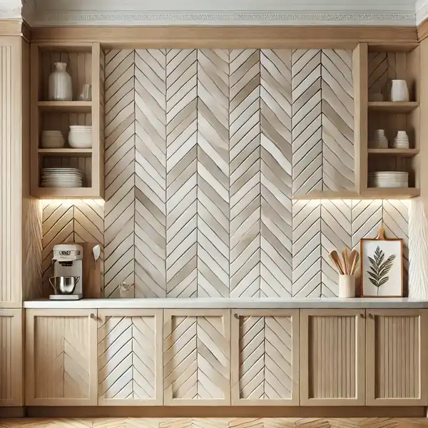 A small kitchen backsplash featuring herringbone or chevron tiles