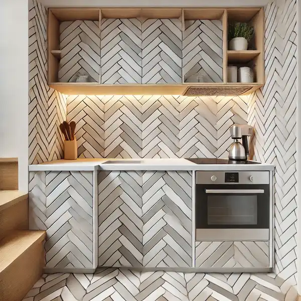 A small kitchen backsplash ideas featuring herringbone or chevron tiles