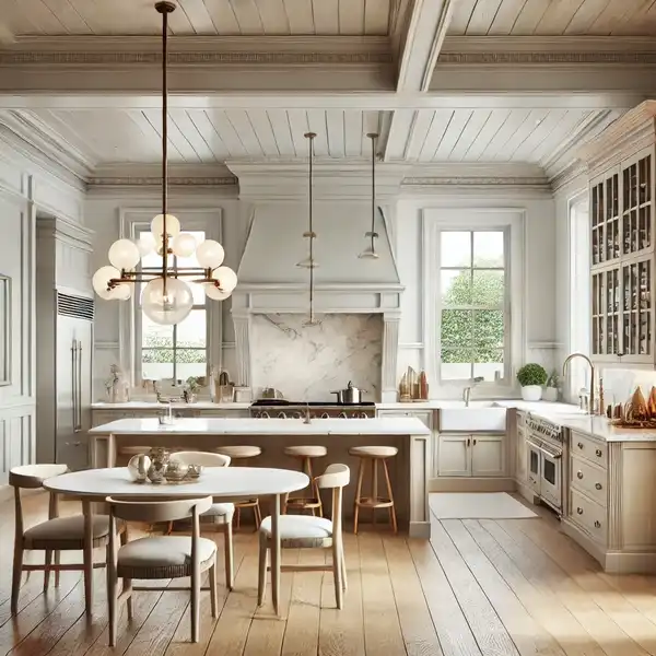 A transitional open concept kitchen designs blending modern and traditional elements