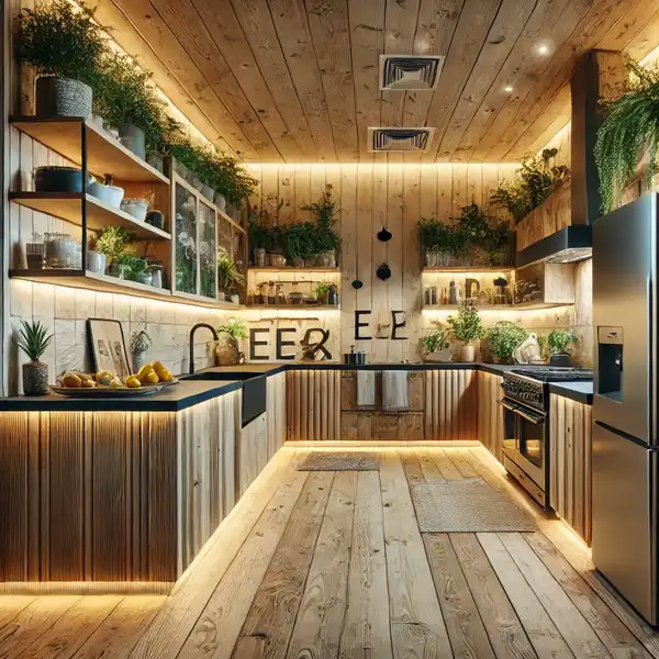 An eco friendly gourmet kitchen designed with sustainable materials like reclaimed wood cabinets, energy efficient appliances, and LED