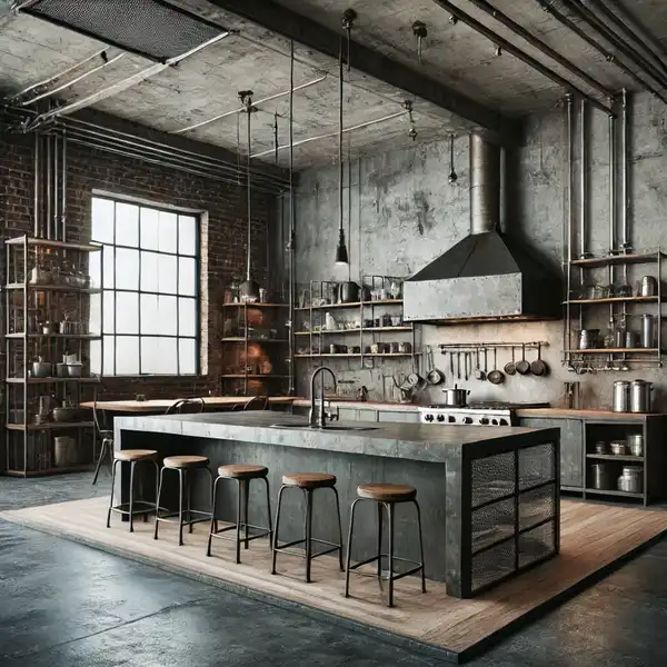 An industrial open concept kitchen designs featuring raw materials