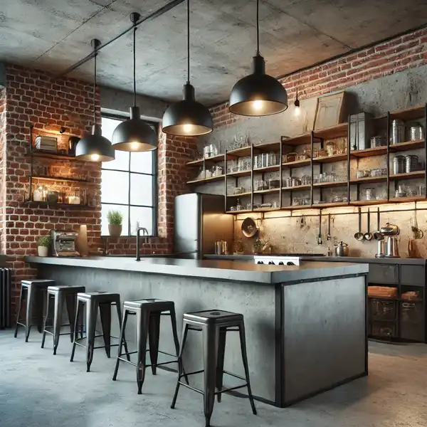 An industrial style L shaped kitchen ideas featuring exposed brick walls, stainless steel countertops, and black metal light fixtures