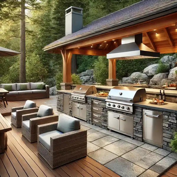 An outdoor gourmet kitchen designed for BBQs and entertaining, featuring a high end grill, stone countertops