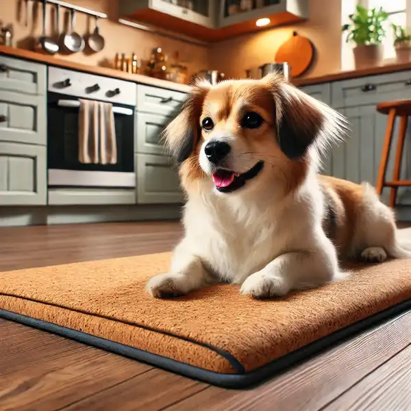 Best Kitchen Flooring Options for Pet Owners A cozy kitchen with pet friendly flooring, emphasizing comfort underfoot