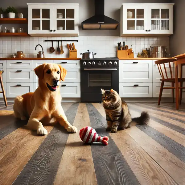 Best Kitchen Flooring Options for Pet Owners A kitchen with durable flooring, showing a dog and cat playing