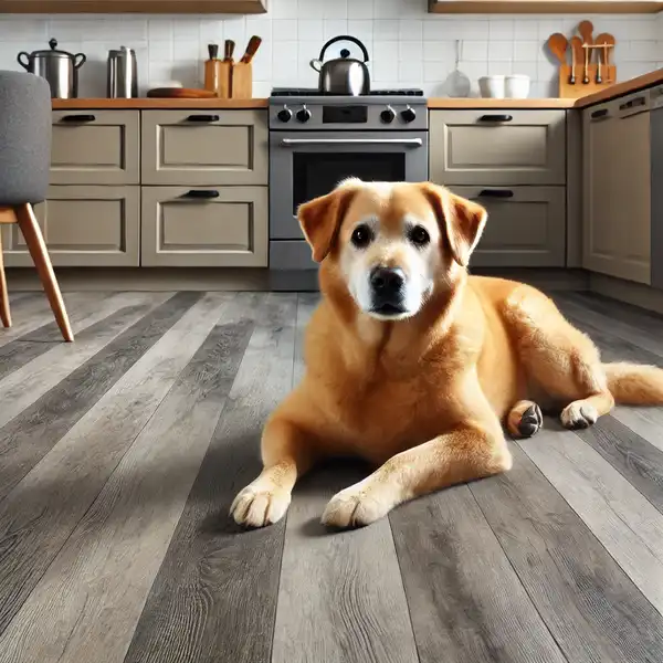 Best Kitchen Flooring Options for Pet Owners A stylish kitchen with pet friendly flooring, focusing on aesthetic appeal