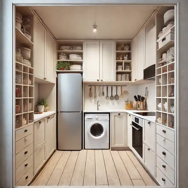 Corner kitchen designs A compact galley kitchen with two parallel walls, light colors to make the space feel larger, and easy access to all appliances and cabinets