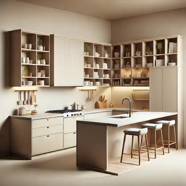 Corner kitchen designs U shaped kitchen with an island in the center and open shelves above the counter for storage