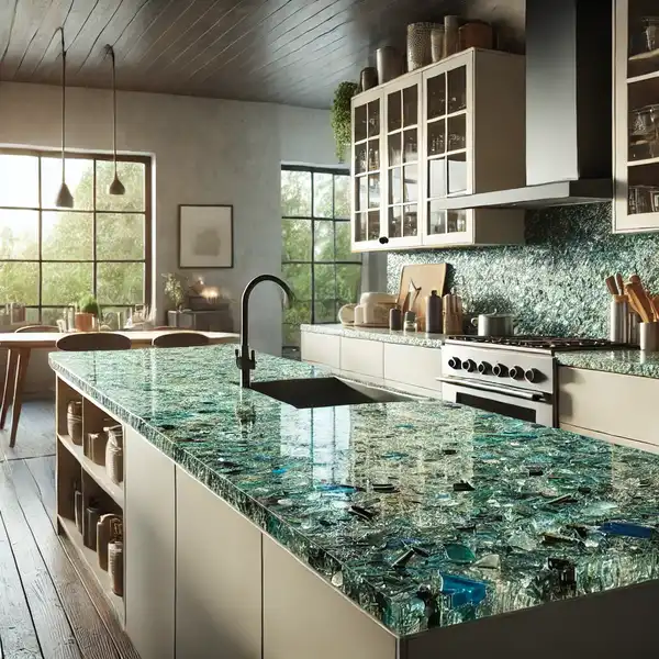 Eco Friendly Kitchen Design Ideas A modern kitchen with eco friendly recycled glass countertops