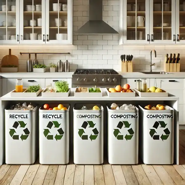 Eco Friendly Kitchen Design Ideas A modern kitchen with separate bins for recycling and composting