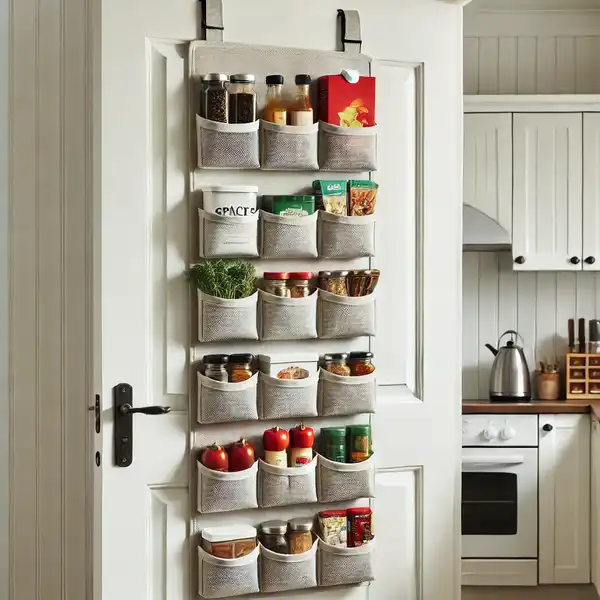 Kitchen Pantries for Small Kitchens A back of the door pantry organizer hanging on a kitchen door