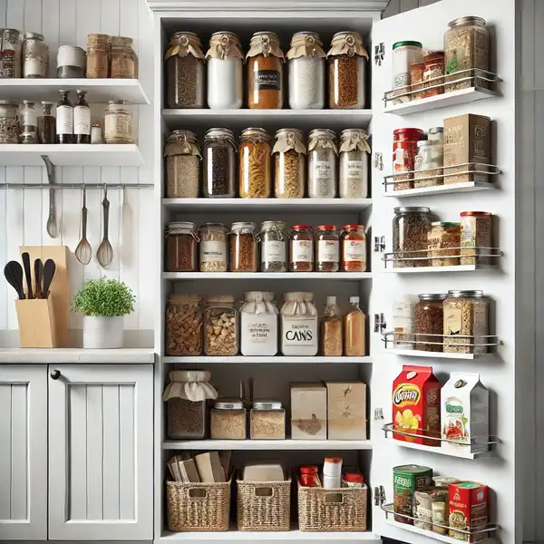 Kitchen Pantries for Small Kitchens A tall kitchen cabinet with several shelves inside, stocked with dry goods, cans, and spices