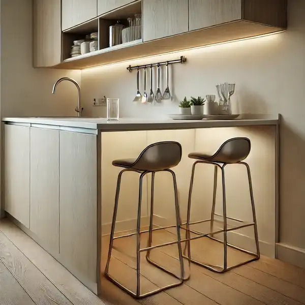 Kitchen seating ideas for small spaces A small modern kitchen with bar stools neatly tucked under a kitchen counter