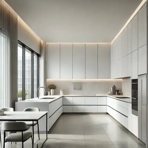 Modern Kitchen Ideas - A modern L-shaped kitchen layout with sleek white cabinets and countertops along two walls in an L shape