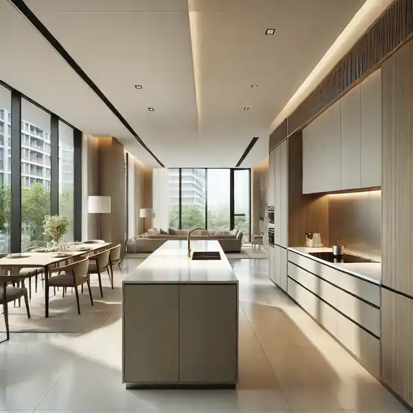 Modern Kitchen Ideas - A modern peninsula kitchen layout with sleek cabinetry along three sides and a connected island extending into the living area