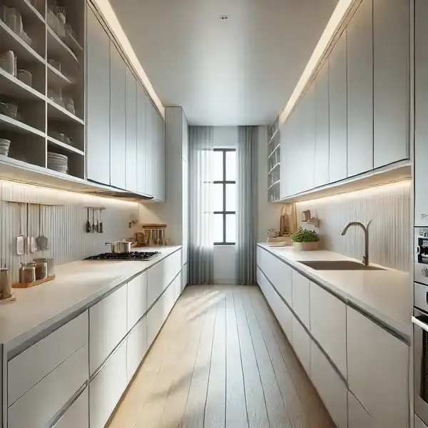 Modern Kitchen Ideas - A sleek modern galley kitchen with counters and cabinets along two parallel walls