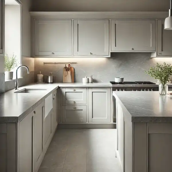 Quartz Kitchen Countertops Ideas A kitchen with neutral gray quartz countertops