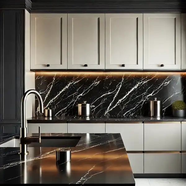 Quartz Kitchen Countertops Ideas A modern kitchen with bold black quartz countertops