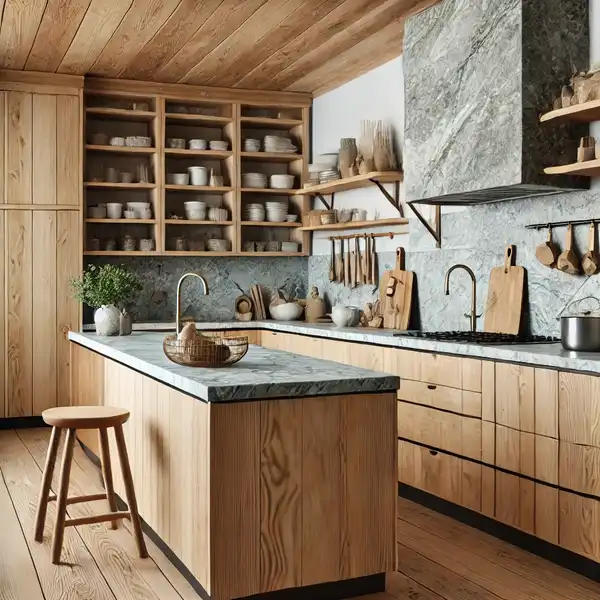 Scandinavian kitchen desaigns with natural materials, featuring wooden countertops and cabinetry