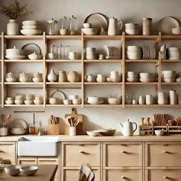 Scandinavian kitchen designs featuring open shelving with neatly arranged dishes, bowls, and jars