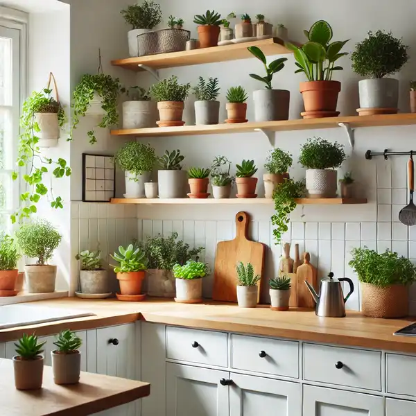 Scandinavian kitchen designs with simple decorations, featuring potted plants such as small succulents and herbs placed on open shelves