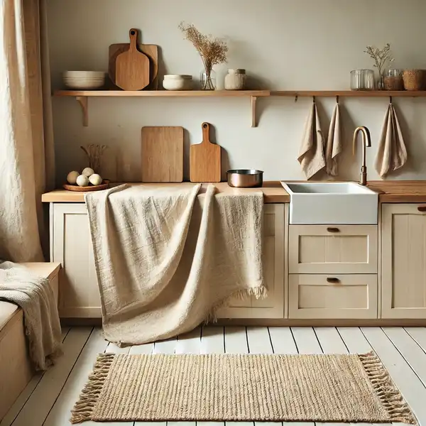 Scandinavian kitchen designs with soft, neutral toned textiles