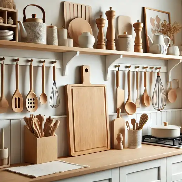 Scandinavian kitchen with functional decorations like a wooden cutting board, simple kitchen tools, and stylish cooking