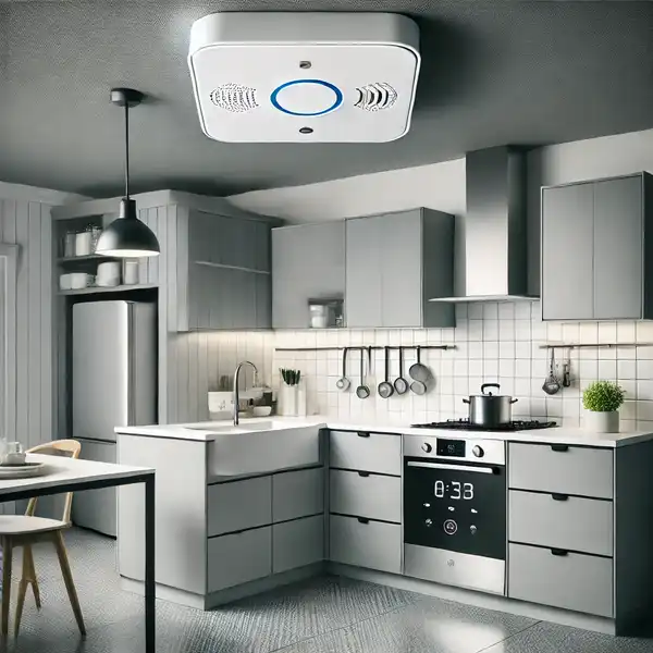 Smart Kitchen Design Ideas for a Modern Home A modern kitchen showcasing safety features, including a smart smoke alarm and water leak detector