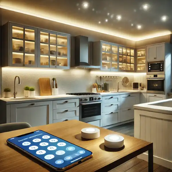 Smart Kitchen Design Ideas for a Modern Home A modern kitchen with smart lighting, including under cabinet lights