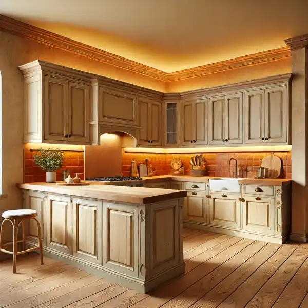 U shaped kitchen design ideas featuring warm and cozy colors with soft yellow walls, warm beige cabinets, and a rustic orange backsplash