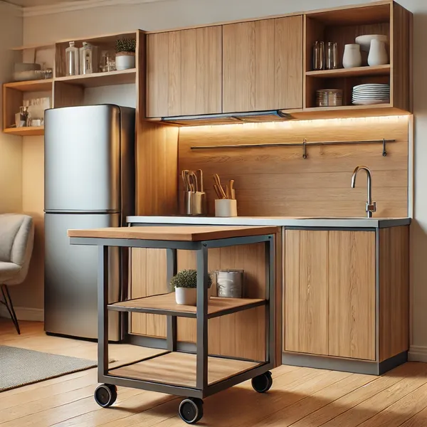 A small, modern kitchen with a mobile island. The island has a sleek, wooden countertop with a steel frame