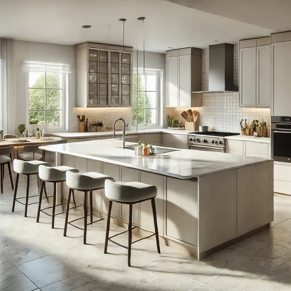 A spacious kitchen with an L shaped island. The island features a white marble countertop and plenty of storage cabinets