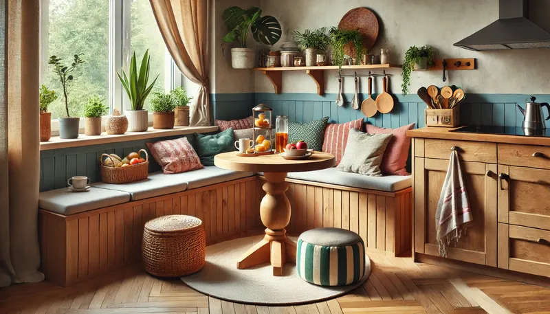 2. A cozy kitchen corner with a breakfast nook featuring wooden bench seating