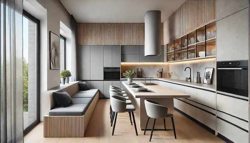 3. A contemporary kitchen with built in seating along one wall