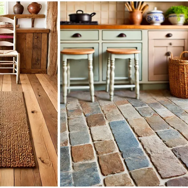 A cozy country kitchen showcasing different flooring ideas hardwood floors, stone tiles, and a woven area rug in earthy tones