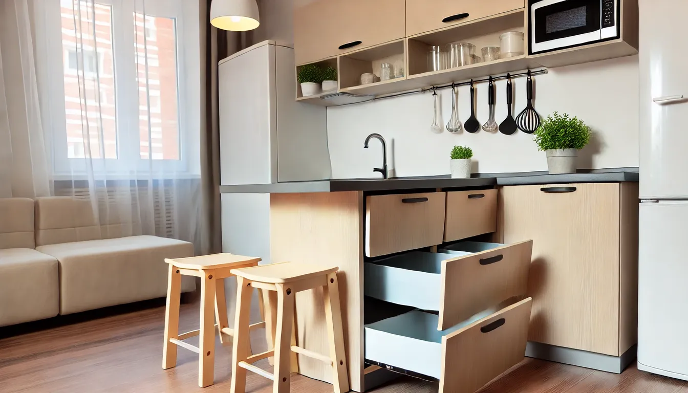 A cozy kitchen with multipurpose furniture, featuring a kitchen island with storage underneath