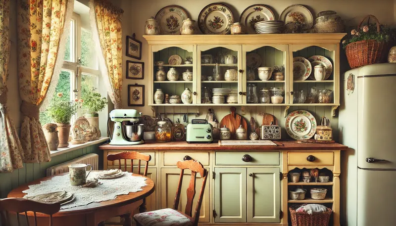 A cozy vintage kitchen decor ideas with pastel yellow cabinets, light green walls, and wooden open shelving