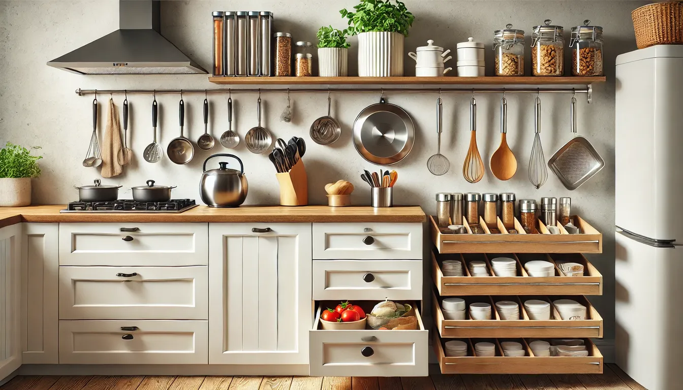 A kitchen showcasing clever storage hacks, with wall hooks for pots, a Lazy Susan on the counter, and neatly organized drawer dividers