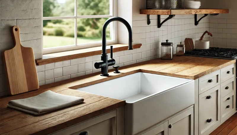 A modern farmhouse kitchen featuring a large farmhouse sink