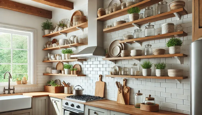 A modern farmhouse kitchen featuring open shelving