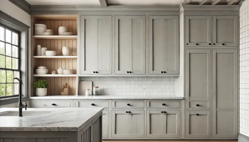 A modern farmhouse kitchen showcasing Shaker style cabinets