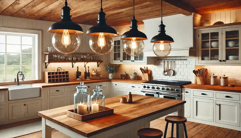 A modern farmhouse kitchen with industrial lighting