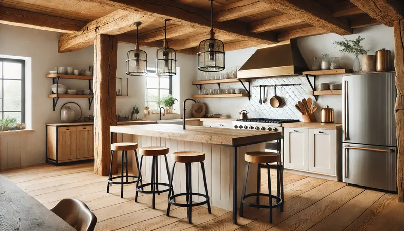 A modern farmhouse kitchen with natural materials