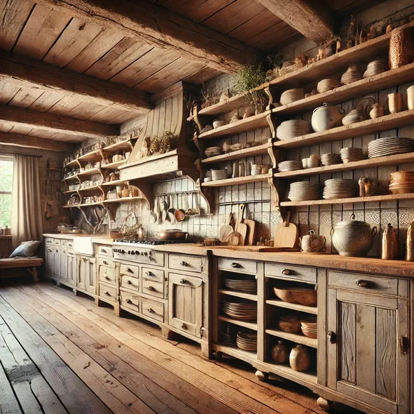 A rustic kitchen design ideas with reclaimed wood cabinets and open shelving