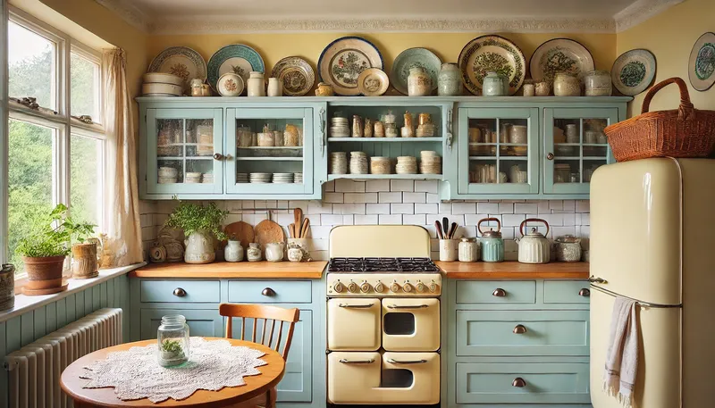 A vintage kitchen decor ideas with pale blue cabinets, pastel yellow walls, and open shelving