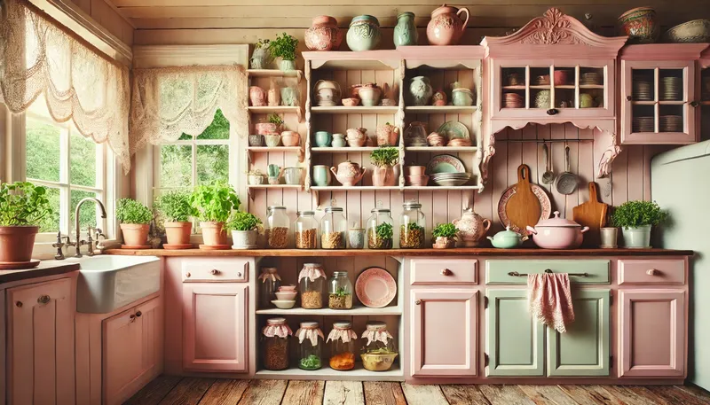 A vintage kitchen decor ideasfeaturing soft pastel pink cabinets and pale yellow walls