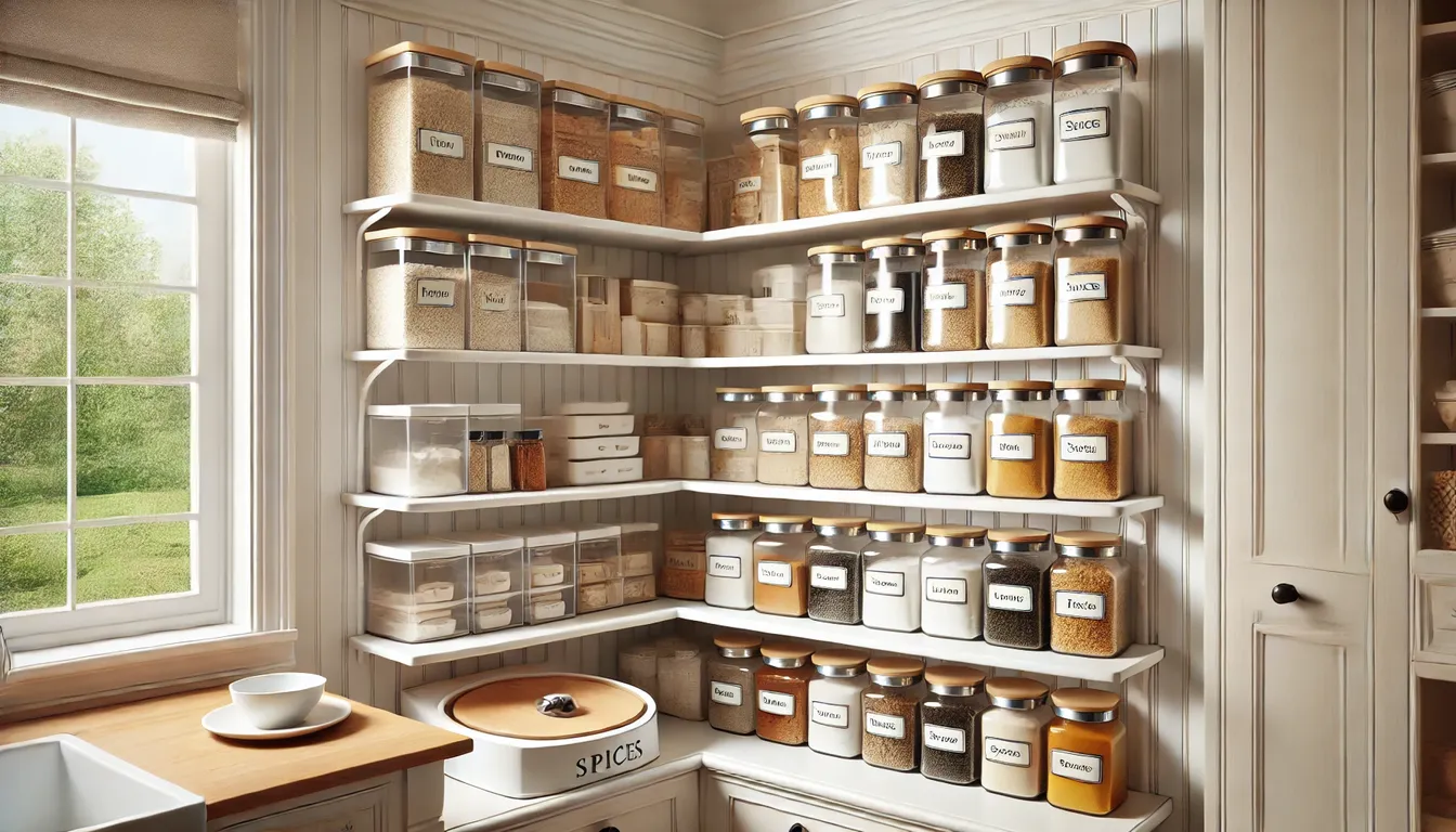 An organized pantry with clear containers for dry goods, labeled shelves, and a Lazy Susan for spices