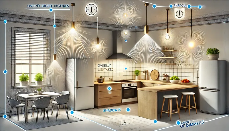 How to Choose the Right Fixtures An image illustrating 'Lighting Mistakes to Avoid' in open kitchens