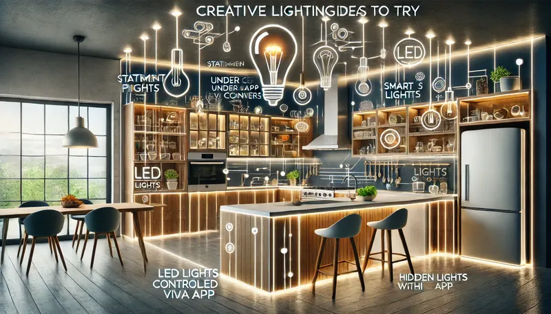 How to Choose the Right Fixtures An imaginative visual titled 'Creative Lighting Ideas to Try' for open kitchens