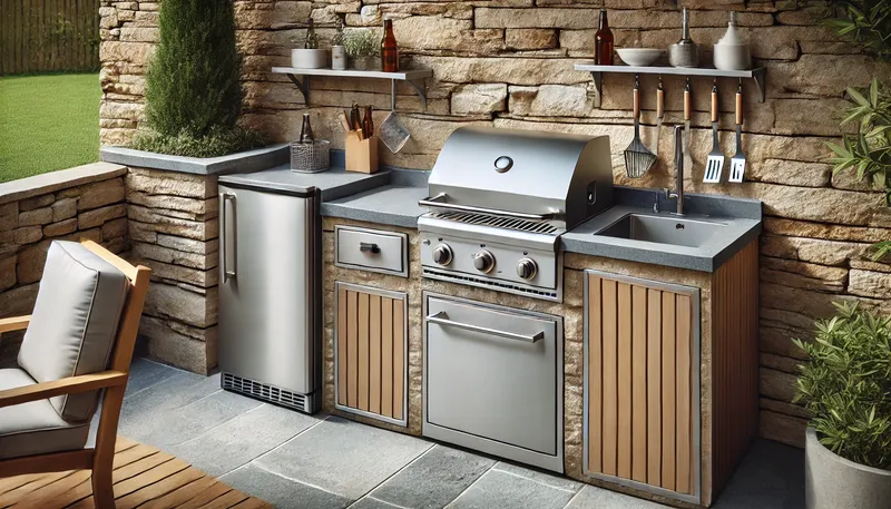 Key Elements of an Outdoor Kitchen, including a stainless steel grill, a sleek countertop, a compact refrigerator